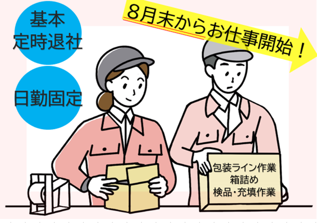 梱包ライン作業・箱詰め・検品/日勤固定/土日祝休み