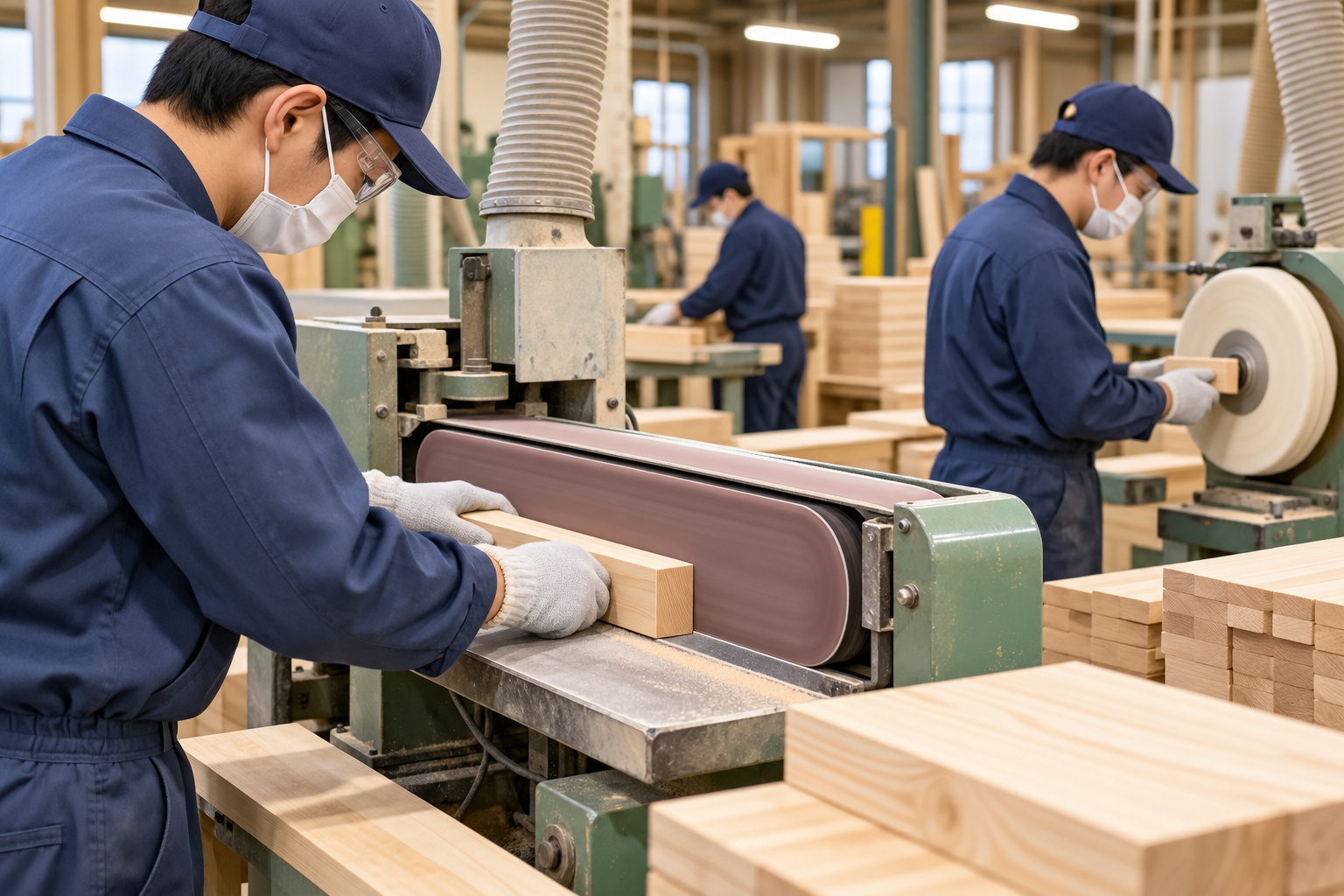 木材加工工場での部材カット・成型・バフ研磨・検品