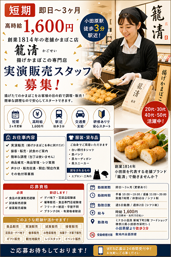 短期食品販売スタッフ（揚げかまぼこ・実演販売・試食販売）