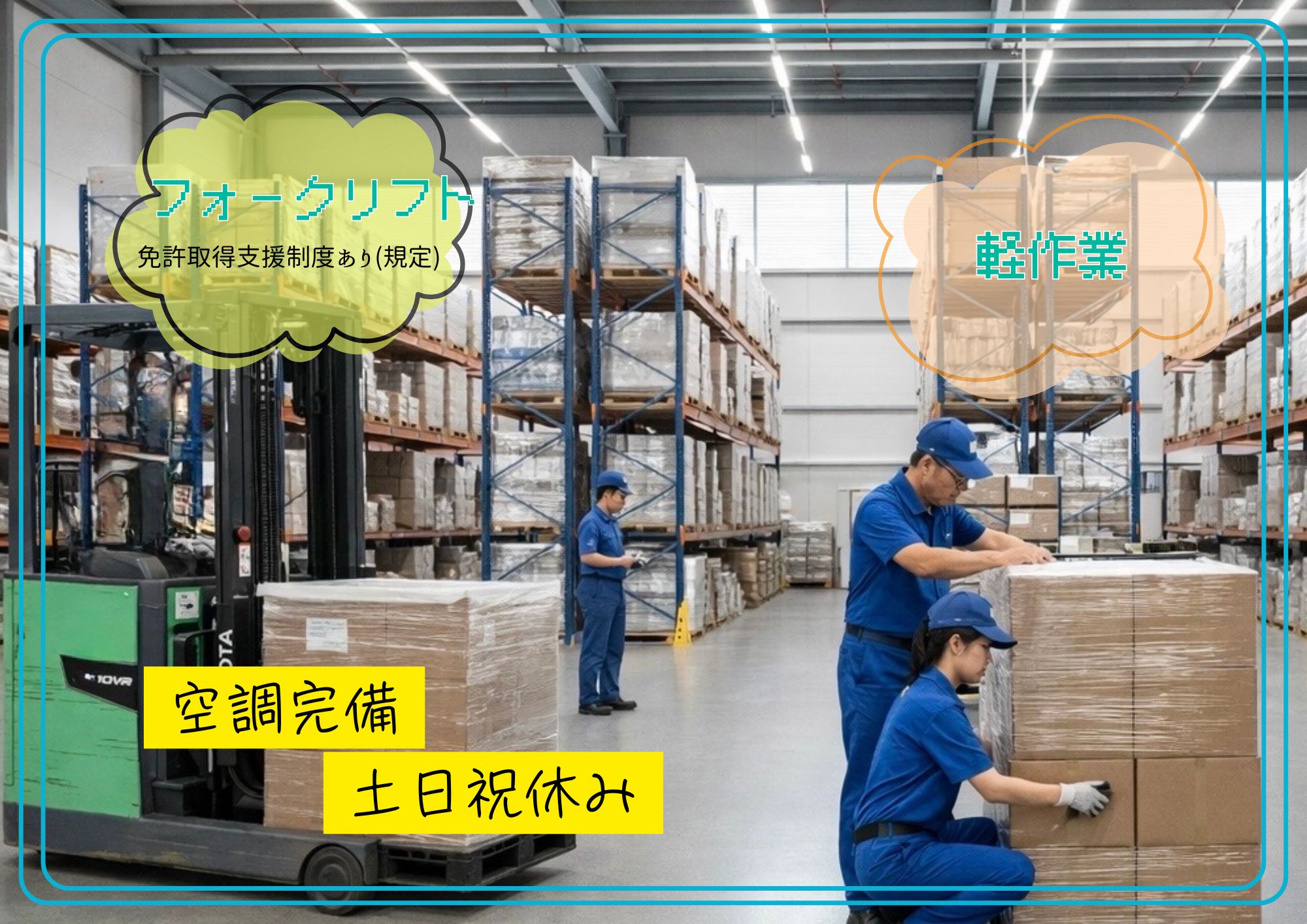 空調完備のきれいすぎる倉庫！(1)フォークリフト(2)軽作業