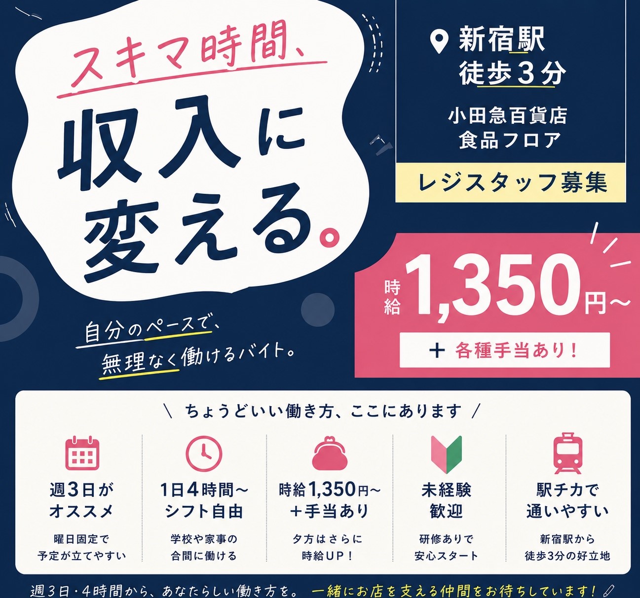 【新宿バイト】スキマ時間で月収10万も可♪週3日×4時間OKの百貨店レジスタッフ募集！未経験歓迎